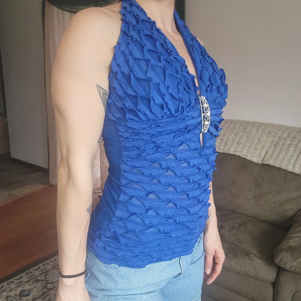 Body C Blue Ruffle Halter Top With Brooch Detail Size Medium - Picture 4 of 8